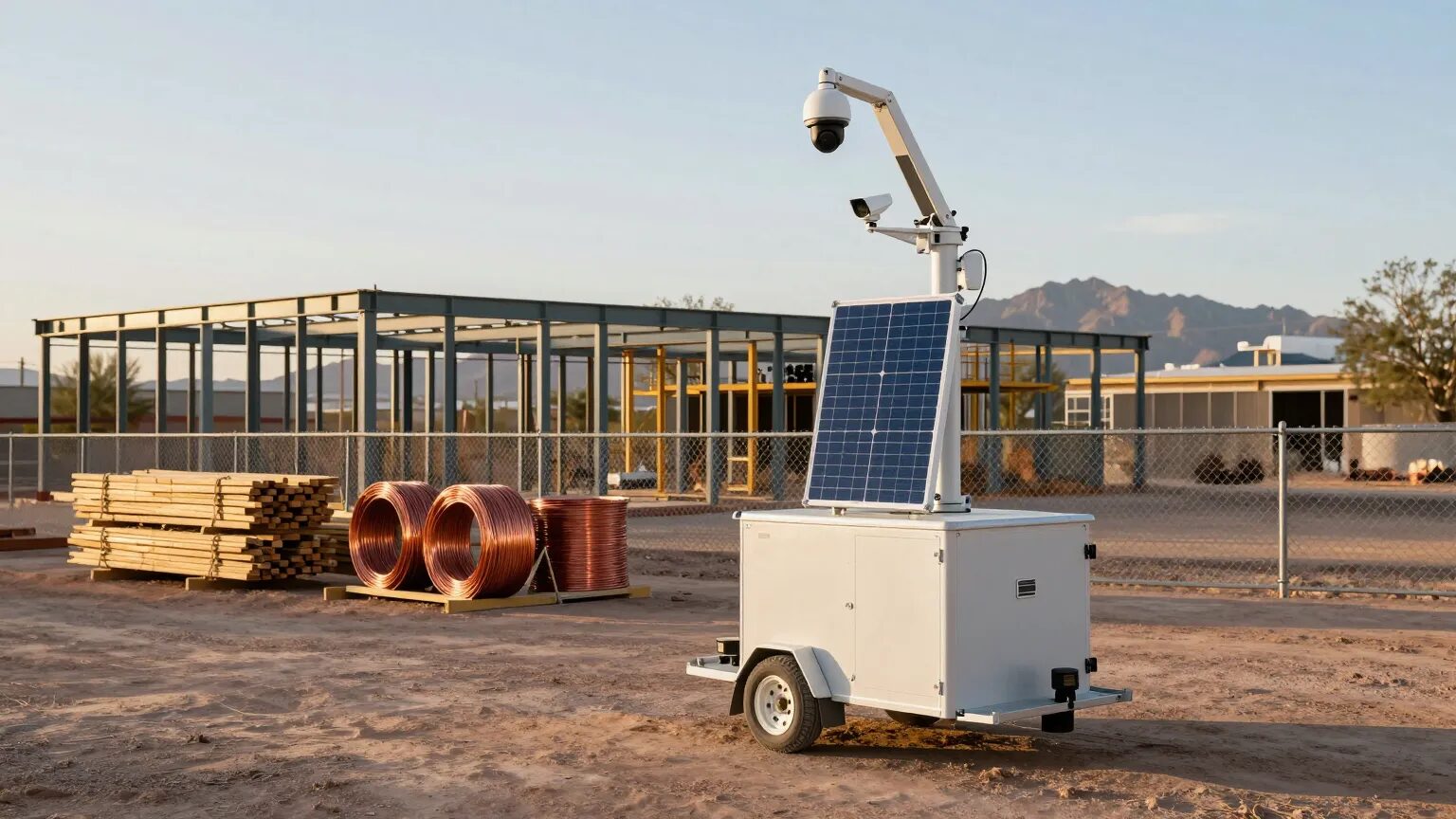 Solar-powered construction site security cameras on a mobile trailer at a Phoenix job site