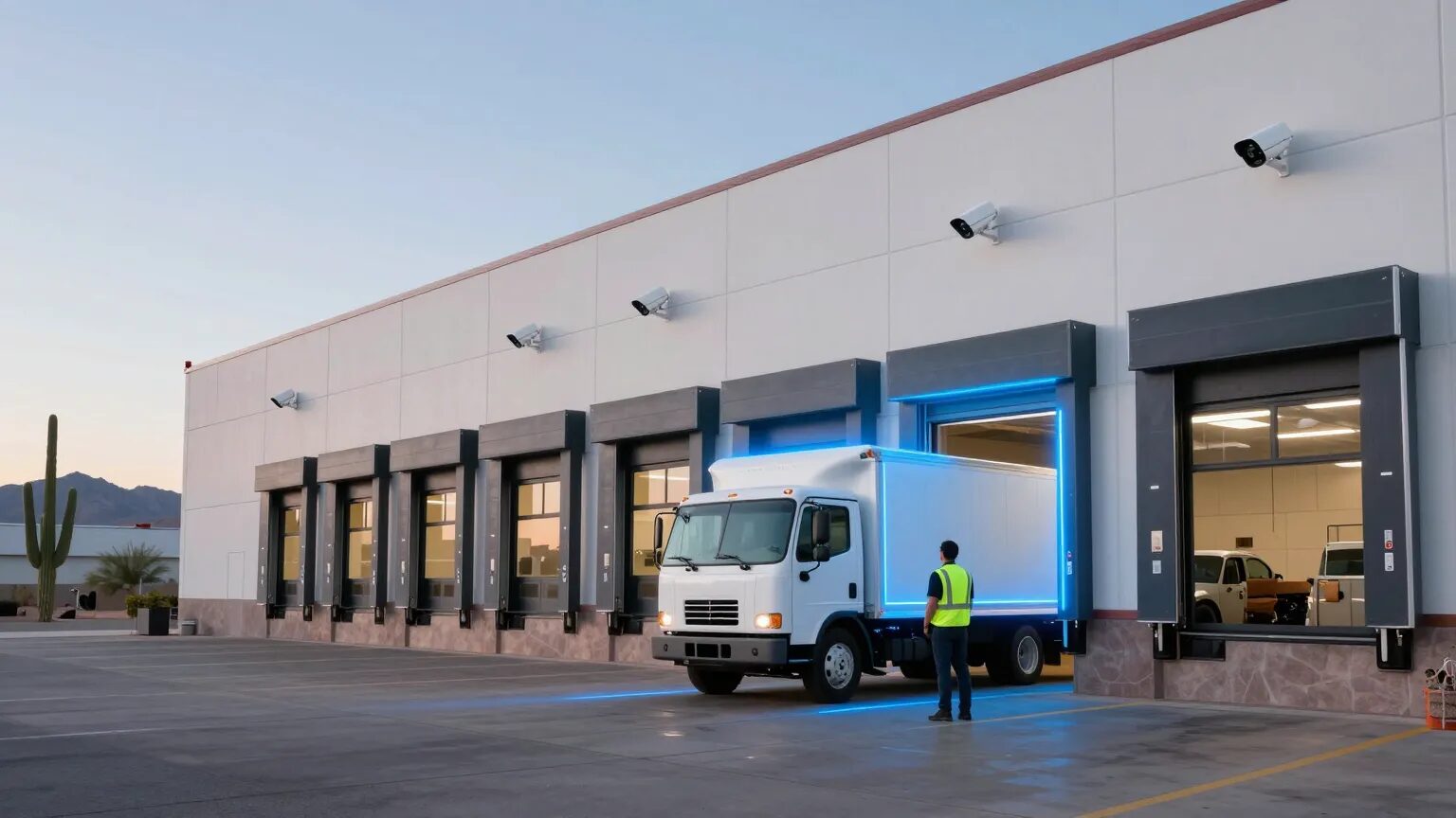 AI commercial security cameras detecting a truck and worker at a Phoenix warehouse loading dock